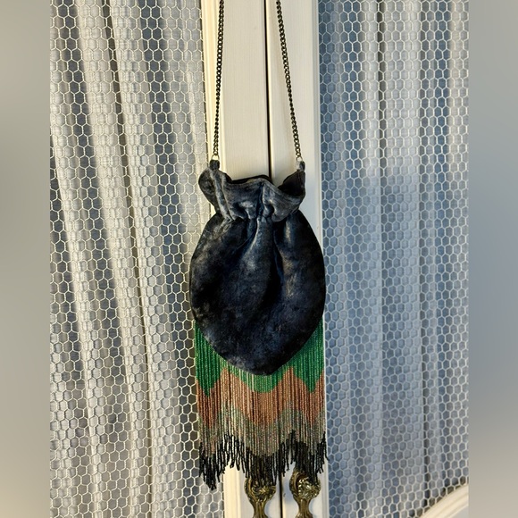 Free People Vintage Inspired Talk To Me Clutch Beaded Fringe Grey Velvet Pouch 🩶 - Picture 7 of 10